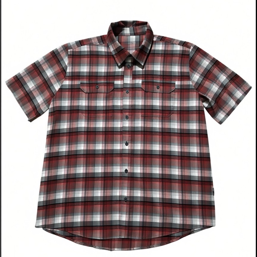 Swiss Tech Men’s Short Sleeve Plaid Button-Up Shirt – Size L (42-44) Red/Gray